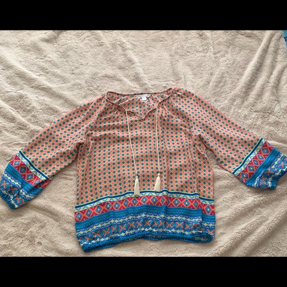 Multi color blouse with hang fringe tassels